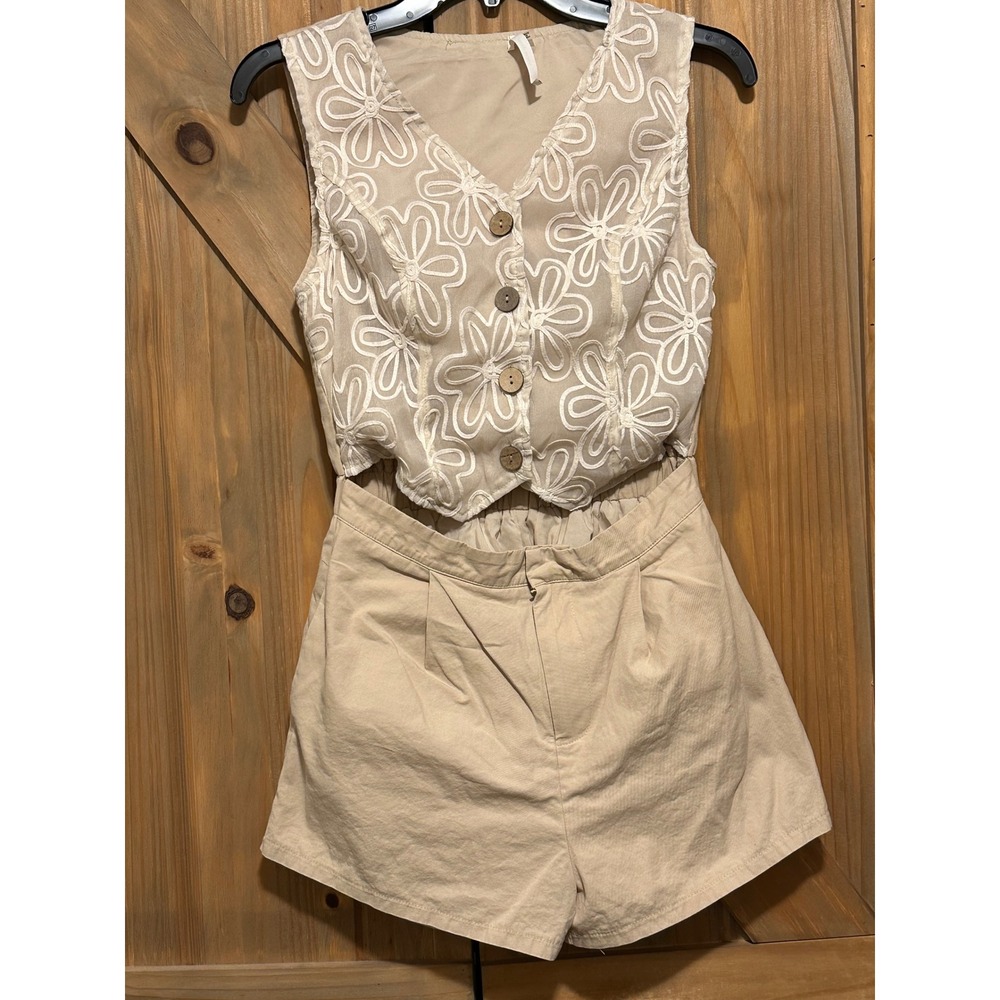 Idem Ditto Beige Floral Eyelet Button Front Romper Sleeveless Shorts Tan Medium